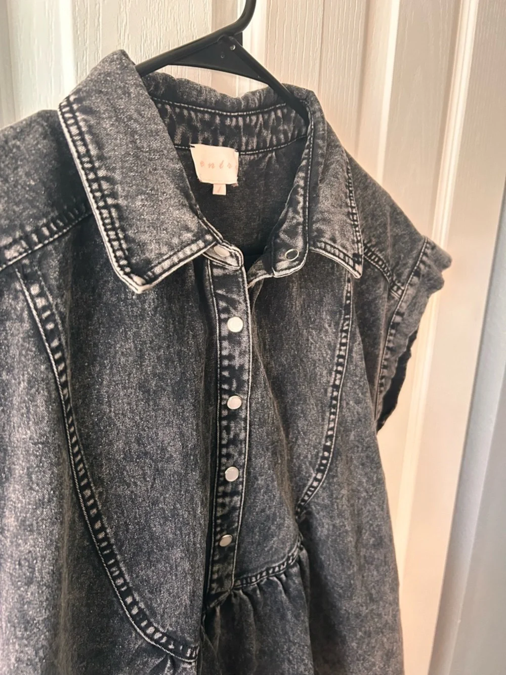 Entro Women’s Washed Black Short Sleeve Collared Button Denim Shirt Dress Size L - Picture 4 of 9